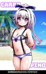  .live absurdres alternate_costume alternate_hairstyle arms_behind_back beach breasts carro_pino character_name cleavage collarbone commentary_request highres long_hair looking_at_viewer navel ocean ponytail purple_eyes purple_hair sky small_breasts smile swimsuit virtual_youtuber zebrablack 