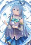  1g_no_izumi aqua_(konosuba) bangs beads blue_eyes blue_hair blue_skirt bow breasts bubble closed_mouth detached_sleeves green_bow hair_beads hair_ornament highres hydrokinesis isome kono_subarashii_sekai_ni_shukufuku_wo! large_breasts light_blush light_smile long_hair long_sleeves miniskirt pleated_skirt skirt standing very_long_hair water 