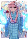  1girl alternate_costume aura belt bubble_skirt dress fireworks fox_mask hata_no_kokoro highres japanese_clothes kimono long_hair mask mask_on_head miz_(mizillustration) pink_eyes pink_hair plaid plaid_dress skirt summer_festival touhou yukata 