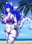  anthro beach bikini biped blue_body blue_eyes blue_fur blue_hair blue_stripes breasts clothed clothing cloud digital_media_(artwork) duo_maxwell eyelashes felid feline female fur hair kitsunewaffles-chan long_hair looking_at_viewer mammal markings navel outside palm_tree pantherine pink_nose pink_tongue plant portrait purple_bikini purple_clothing purple_swimwear sand sea seaside shaded side-tie_bikini sky solo standing striped_markings stripes swimwear three-quarter_portrait tiger tongue tongue_out tree water white_body white_fur 