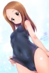  1girl bangs blue_swimsuit blush breasts brown_eyes brown_hair closed_mouth clothes_pull covered_navel highres kamogawa_tanuki karakai_jouzu_no_takagi-san legs_together looking_at_viewer medium_hair one-piece_swimsuit parted_bangs pulled_by_self school_swimsuit shiny shiny_clothes shiny_hair shiny_skin smile solo standing swimsuit swimsuit_pull takagi-san 