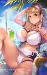  1girl :q bangs bikini black_eyes blonde_hair blurry breasts brown_hair cameltoe chair character_name cloud cloudy_sky commentary_request cup dark_skin depth_of_field drinking_glass glasses gradient_hair gyaru happy_birthday highres hozumi_kaoru idolmaster idolmaster_shiny_colors izumi_mei large_breasts long_hair looking_at_viewer multicolored_hair navel palm_tree parted_bangs ponytail purple_nails sky solo swimsuit tongue tongue_out tree white_bikini 