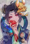  absurdres aqua_nails bracelet chain colored_sclera evil_smile fire food fruit green_nails hannya_(onmyoji) head_tilt highres holding holding_food holding_fruit japanese_clothes jewelry light_smile long_hair looking_at_viewer mask mask_on_head moto_mitsuashi oni_mask onmyoji pomegranate red_eyes red_sclera smile snake solo upper_body 