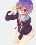  1girl adjusting_eyewear bangs blue_sailor_collar brown_cardigan brown_eyes cardigan glasses highres kita_high_school_uniform long_sleeves nagato_yuki nanabuluku no_pants open_cardigan open_clothes panties purple_hair red_ribbon ribbon sailor_collar school_uniform serafuku shiny shiny_hair short_hair simple_background sitting solo suzumiya_haruhi_no_yuuutsu underwear white_background white_panties 