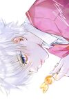  1boy bangs blue_eyes candy casual closed_mouth collared_shirt food food_art hand_up holding holding_candy holding_food holding_lollipop hunter_x_hunter killua_zoldyck light_smile lollipop looking_away male_focus portrait rabbit shirt short_hair sideways signature simple_background solo white_background white_hair wz_(woyzeck) 