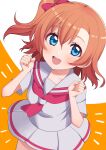  1girl :d absurdres blue_eyes bow clenched_hands commentary cream_(nipakupa) hair_bow hands_up happy highres kousaka_honoka looking_at_viewer love_live! love_live!_school_idol_project medium_hair miniskirt neckerchief notice_lines one_side_up open_mouth orange_background orange_hair pleated_skirt red_bow red_neckerchief round_teeth sailor_collar sailor_shirt shirt short_sleeves skirt smile solo teeth tongue two-tone_background upper_teeth white_background white_sailor_collar white_shirt white_skirt 