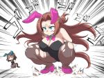  2girls animal_ears breasts brown_hair cleavage commentary_request cracked_floor delraich66 highres horse_ears kawakami_princess_(umamusume) king_halo_(umamusume) large_breasts long_hair medium_hair multiple_girls playboy_bunny rabbit_ears red_eyes scared simple_background torn_clothes torn_legwear umamusume white_background 