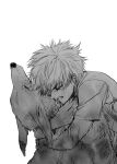  1boy absurdres animal animal_hug clenched_teeth closed_eyes death dog greyscale highres hug hunter_x_hunter killua_zoldyck layered_sleeves long_sleeves male_focus mike_(hunter_x_hunter) monochrome mourning profile shirt short_over_long_sleeves short_sleeves simple_background sobbing spiked_hair t-shirt teeth upper_body wz_(woyzeck) 