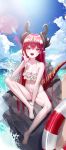  1girl :d absurdres bare_arms bare_shoulders beach between_legs bikini breasts cleavage collarbone day dragon_horns dragon_tail frilled_bikini frills hand_up highres horns lifebuoy long_hair looking_at_viewer navel open_mouth original outdoors pointy_ears red_eyes red_hair sitting small_breasts smile solo stomach string_bikini sunlight swimsuit tail thighs very_long_hair water wet white_bikini yjs0803123 