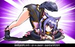  .live 1girl animal_ears commentary_request detached_sleeves hair_between_eyes highres jack-o&#039;_challenge long_hair looking_at_viewer orange_eyes pose purple_eyes rurun_rururica shoes simple_background smile solo tail virtual_youtuber wolf_ears wolf_tail zebrablack 