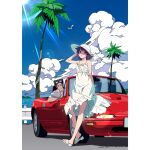  1boy 1girl album_cover arm_up bird blue_eyes blue_sky border car cloud cloudy_sky convertible copyright cover dress eunos_roadster eyewear_on_head full_body grey_hair ground_vehicle hand_on_headwear highres kaiki_deishuu koimonogatari leaning_against_vehicle legs lens_flare looking_at_viewer medium_hair monogatari_(series) motor_vehicle official_art outdoors palm_tree parted_lips pillarboxed pink_scarf purple_hair ribbon sandals scarf seagull senjougahara_hitagi shadow shirt short_sleeves sitting sky sleeveless sundress sunlight tree watanabe_akio white_border white_dress white_headwear white_ribbon white_shirt 