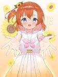  1girl a_song_for_you!_you?_you! bangs belt_buckle birthday blue_eyes blush buckle commentary dress eichisu flower hair_flower hair_ornament highres kousaka_honoka looking_at_viewer love_live! love_live!_school_idol_project medium_hair one_side_up orange_hair pink_scrunchie scrunchie shiny shiny_hair sidelocks solo sunflower sunflower_hair_ornament upper_body white_dress wrist_scrunchie 