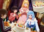  1boy 3girls ahoge alcohol aqua_(konosuba) beer beer_mug birthday birthday_cake birthday_party black_jacket blonde_hair blue_dress blue_eyes blue_hair bottle breasts brown_hair cake candle cat chair character_doll chomusuke cleavage clenched_hands cup darkness_(konosuba) dress fire food green_eyes highres indoors isome jacket kono_subarashii_sekai_ni_shukufuku_wo! large_breasts long_hair megumin mug multiple_girls nightgown open_mouth party_popper pink_dress red_eyes satou_kazuma short_hair short_hair_with_long_locks sitting smile standing straight_hair window wooden_cup 