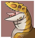  ambiguous_gender brown_body brown_stripes dinosaur feral glistening glistening_eyes imperatorcaesar open_mouth orange_body pink_tongue reptile scalie sharp_teeth simple_background solo striped_neck stripes teeth tongue white_body 