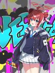  1girl :d ahoge badge bangs blue_archive blue_eyes blue_necktie collared_shirt double_bun graffiti hair_bun halo head_tilt highres holding id_card jacket light_blush long_sleeves looking_at_viewer maki_(blue_archive) multicolored_background murase48 necktie open_mouth paint_on_clothes paint_splatter paint_splatter_on_face red_hair shirt short_hair skirt smile smiley_face solo spray_can spray_paint white_shirt 