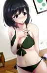  1girl bikini black_eyes black_hair blurry blurry_background blush breasts collarbone commentary_request cowboy_shot dutch_angle front-tie_top green_bikini hand_on_own_chest highres kaji_(ae_kaji) large_breasts nose_blush original short_hair side-tie_bikini solo standing swimsuit 