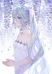  1girl aqua_eyes aqua_hair bangs banned_artist breasts choker closed_mouth dress earrings flower from_side hair_between_eyes hatsune_miku highres jewelry long_hair midori_foo own_hands_together petals small_breasts solo strapless strapless_dress twintails twitter_username upper_body vocaloid white_choker white_dress wisteria 