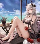  1girl apple arknights arm_strap bangs bare_shoulders beach black_choker black_nails blush breasts cake cake_slice choker cleavage closed_mouth feet flower food fruit full_body grey_hair hair_flower hair_ornament highres horns jewelry large_breasts long_hair looking_at_viewer mudrock_(arknights) mudrock_(silent_night)_(arknights) nail_polish necklace official_alternate_costume outdoors pointy_ears red_eyes ru_zhai sitting sky solo thighs toes water 