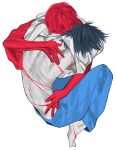  2boys arm_around_shoulder bangs barefoot black_hair blue_pants clothes_lift colored_skin covered_mouth death_note facing_down full_body hand_on_another&#039;s_back hand_on_another&#039;s_hip highres hug invisible_chair knees_up l_(death_note) looking_at_viewer male_focus multiple_boys pants red_eyes red_hair red_shirt red_skin ribs shirt shirt_lift short_hair simple_background sitting skinny spine string white_background white_shirt woyaocharlie yagami_light 