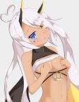  1girl ahoge azur_lane bandeau_lift bangs blue_eyes blush breasts commentary_request covering_nipples dark-skinned_female dark_skin eyes_visible_through_hair facepaint hair_between_eyes heart heart_ahoge heterochromia highres indianapolis_(azur_lane) long_hair looking_at_viewer medium_breasts navel open_mouth pink_hair simple_background solo twintails upper_body very_long_hair white_background white_bandeau yellow_eyes yozakura_yuu 
