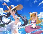  2girls :d absurdres alternate_eye_color arm_up armpits ass ball bare_arms bare_shoulders beachball bikini black_hair blonde_hair blue_bow blue_eyes blue_sky bow breasts chinese_commentary cloud commentary cowboy_shot day fischl_(genshin_impact) genshin_impact hair_down hat hat_bow highres holding holding_ball innertube large_breasts long_hair looking_at_viewer mona_(genshin_impact) multiple_girls navel ocean open_mouth orange_eyes paradox_(parapa) purple_bikini sarong sky smile standing stomach straw_hat swimsuit thighs twintails very_long_hair wading water white_bikini 