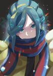  1boy aqua_eyes aqua_hair blurry coat commentary_request depth_of_field grusha_(pokemon) head_tilt highres looking_at_viewer male_focus multicolored_hair pokemon pokemon_(game) pokemon_sv red_scarf scarf snowing solo ssn_(sasa8u9r) two-tone_scarf upper_body yellow_coat 