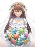  1girl absurdres blue_flower blue_rose bouquet bridal_veil brown_eyes brown_hair dress earrings flower girls&#039;_frontline gr_greeze hair_between_eyes highres holding holding_bouquet jewelry long_hair nz75_(girls&#039;_frontline) purple_flower purple_rose red_flower red_rose rose short_sleeves solo veil wedding_dress white_dress white_flower white_rose yellow_flower yellow_rose 