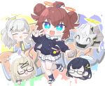  4girls :d :p ^_^ badge binah_(blue_archive) black_hair black_socks blue_archive blue_eyes blue_necktie button_badge chibi chibi_inset chihiro_(blue_archive) closed_eyes crosshair double_bun glasses graffiti hair_bun hair_ornament halo hare_(blue_archive) highres kotama_(blue_archive) leg_up light_blush maki_(blue_archive) multiple_girls necktie non-humanoid_robot open_hand red_hair robot robot_animal sanshou_kakeru shoes smile smiley_face snake sneakers socks spread_fingers standing standing_on_one_leg sweater_vest tongue tongue_out v 