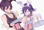  2boys alternate_costume animal_ears bangs bare_shoulders belt black_belt black_hair blush brown_eyes checkered_clothes crop_top cup danganronpa_(series) danganronpa_v3:_killing_harmony fake_animal_ears grin hand_up highres holding holding_cup holding_tray looking_at_another male_focus mokemokeeeee multiple_boys navel necktie one_eye_closed orange_necktie ouma_kokichi pink_eyes purple_hair rabbit_ears saihara_shuuichi shirt smile stomach striped striped_shirt suspenders teeth tray wrist_cuffs 