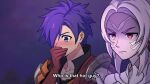  &gt;:( 1boy 1other arval_(fire_emblem) black_shirt blue_eyes blush collarbone commentary english_commentary facial_mark fire_emblem fire_emblem:_three_houses forehead gloves hair_over_one_eye hand_to_own_mouth highres lopuii night night_sky nose_blush orange_eyes outdoors portrait purple_hair red_gloves shez_(fire_emblem) shez_(fire_emblem)_(male) shirt short_hair sky v-shaped_eyebrows whisker_markings white_hair 