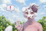  2022 5_fingers anthro blurred_background cheek_tuft clothing dated domestic_cat facial_tuft fangs felid feline felis female fingers front_view fur gesture glistening glistening_eyes grey_hair hair looking_at_viewer lostgoose mammal multicolored_hair open_mouth pawpads pink_clothing pink_eyes pink_pawpads pink_tongue pink_topwear plant shrub solo tongue topwear tuft two_tone_hair waving waving_at_viewer whiskers white_body white_fur white_hair 