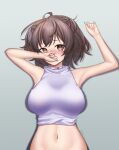  1girl ahoge animal_ears arknights blush breasts brown_eyes brown_hair choker covering_mouth grey_background highres large_breasts looking_at_viewer lying navel on_back otter_ears otter_girl roberta_(arknights) rryiup shirt short_hair simple_background solo stomach twitter_username upper_body white_choker white_shirt 