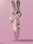  2022 absurd_res anthro barefoot biped comatose digital_media_(artwork) disney featureless_chest feet female fingers fur genitals gesture hi_res judy_hopps lagomorph leporid mammal nude open_mouth purple_eyes pussy rabbit simple_background smile solo standing teeth toes waving zootopia 