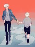  2boys ankle_boots arrow_(symbol) bangs black_footwear black_pants black_shorts blue_background blue_jacket boots character_age child collared_shirt dual_persona facing_away full_body gradient gradient_background grey_shirt hand_in_pocket hunter_x_hunter jacket jewelry killua_zoldyck long_sleeves looking_at_another looking_away lyingwang male_child male_focus multiple_boys older outstretched_arm pants pendant red_background shirt shoes short_hair short_sleeves shorts sideways_glance smile solo spiked_hair thumb_in_pocket time_paradox walking white_hair 