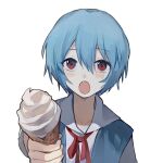  1girl ayanami_rei bangs blue_hair blush breasts commentary dango_(uni_520) food holding holding_ice_cream ice_cream ice_cream_cone incoming_food looking_at_viewer medium_breasts neon_genesis_evangelion open_mouth red_eyes school_uniform short_hair solo symbol-only_commentary tokyo-3_middle_school_uniform 