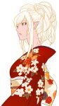  absurdres bangs blonde_hair earrings highres japanese_clothes jewelry kimono kiss-shot_acerola-orion_heart-under-blade long_hair monogatari_(series) phluxxor pointy_ears red_kimono vampire vector_trace yellow_eyes 