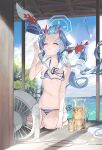  1girl bag bag_removed bikini black_ribbon blue_archive blue_hair blue_halo chise_(swimsuit)_(blue_archive) closed_eyes closed_mouth cloud commentary_request crab day electric_fan hand_up highres horns lemonade light_blush long_hair neck_ribbon ocean oni_horns red_horns ribbon sailor_collar seiza serie_niai shoulder_bag sitting solo striped striped_bikini sweat swimsuit tree very_long_hair white_sailor_collar wind_chime 