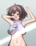 1girl ahoge animal_ears arknights blush breasts breasts_out brown_eyes brown_hair choker covering_mouth goggles goggles_removed grey_background highres large_breasts light_censor looking_at_viewer lying navel on_back otter_ears otter_girl roberta_(arknights) rryiup shirt shirt_aside short_hair simple_background solo stomach twitter_username upper_body white_choker white_shirt 