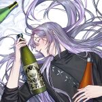  1boy alcohol bottle closed_eyes clothing_request fishfall grey_hair highres hypnosis_mic jinguuji_jakurai long_hair lying male_focus on_back solo spill upper_body very_long_hair wine_bottle 