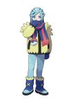  1boy absurdres artist_request blue_eyes blue_footwear blue_hair blue_mittens blue_pants blue_scarf covered_mouth grusha highres jacket long_hair mittens official_art pants pokemon pokemon_(game) pokemon_sv red_scarf scarf simple_background snow_boots solo yellow_jacket 