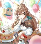  5girls ahoge balloon bangs birthday birthday_cake blurry brown_capelet brown_cloak brown_eyes brown_hair cake candle capelet ceres_fauna cleavage_cutout cloak clothing_cutout coffee confetti depth_of_field english_text feather_hair_ornament feathers food friend_(nanashi_mumei) fruit hair_ornament hairclip hakos_baelz happy_birthday hat head_rest hieroglyphics highres holocouncil hololive hololive_english kd_(kdh45689) long_hair minigirl multicolored_hair multiple_girls nanashi_mumei ouro_kronii party_hat ponytail ribbon shirt size_difference smile strawberry streaked_hair tsukumo_sana very_long_hair virtual_youtuber white_shirt 