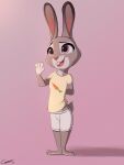  2022 absurd_res anthro barefoot biped bottomwear clothed clothing comatose digital_media_(artwork) disney feet female fingers fur gesture hi_res judy_hopps lagomorph leporid mammal open_mouth purple_eyes rabbit shirt shorts simple_background smile solo standing teeth toes topwear waving young zootopia 