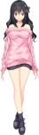  1girl artwhirl_mahou_gakuen_no_otome-tachi bag black_bow black_footwear black_hair black_shorts bow closed_mouth collarbone dahlia_(artwhirl) full_body hair_between_eyes hair_bow highres long_hair long_sleeves looking_at_viewer off-shoulder_sweater off_shoulder pink_sweater red_eyes shiny shiny_hair short_shorts shorts sleeves_past_wrists smile solo standing straight_hair sweater tachi-e transparent_background zinno 