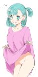  1girl bangs blue_eyes blue_hair blush bulma character_name clothes_lift collarbone cowboy_shot dragon_ball dragon_ball_(classic) dress dress_lift grin hamao highres lifted_by_self medium_hair no_panties one_side_up pink_dress shiny shiny_hair simple_background sketch smile solo standing white_background 
