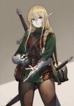  1other absurdres androgynous armor armor_removed belt_pouch blonde_hair blue_eyes borrowed_character braid brown_pants claymore_(sword) elf fantasy gauntlets green_sweater hair_between_eyes hair_over_shoulder highres jun_(seojh1029) leather_armor long_pointy_ears original pale_skin pants pointy_ears pouch side_braid single_braid solo standing sweater sword turtleneck weapon weapon_on_back weibo_logo weibo_username 