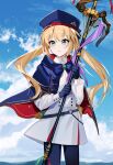  1girl artoria_caster_(fate) artoria_caster_(second_ascension)_(fate) artoria_pendragon_(fate) belt blonde_hair blue_belt blue_cape blue_capelet blue_gloves blue_headwear blue_sky buttons cape capelet cloud double-breasted fate/grand_order fate_(series) gloves green_eyes hat highres holding holding_staff long_hair long_sleeves multicolored_capelet red_capelet rizu033 sky solo staff standing twintails 