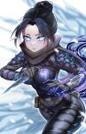  1girl absurdres apex_legends bangs belt black_bodysuit black_hair black_scarf blue_eyes blue_pupils blush bodysuit breasts brown_belt electricity hair_bun highres holding holding_knife knife kunai looking_at_viewer medium_breasts necrotenshi open_hand parted_bangs parted_lips scarf solo weapon wraith&#039;s_kunai wraith_(apex_legends) 