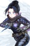  1girl absurdres apex_legends bangs belt black_bodysuit black_hair black_scarf blue_eyes blue_pupils blush bodysuit breasts brown_belt hair_bun highres holding holding_knife knife kunai looking_at_viewer medium_breasts necrotenshi open_hand parted_bangs parted_lips scarf solo weapon wraith&#039;s_kunai wraith_(apex_legends) 