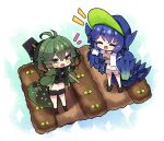  2girls :d ^_^ antenna_hair bangs baseball_cap black_bow black_footwear black_shirt blue_hair blue_headwear blue_jacket blush boots bow breasts brown_shirt brown_shorts character_request closed_eyes commentary_request deviljho dragon_girl dragon_horns dragon_tail fang farming green_hair green_jacket hair_between_eyes hat highres hoe holding horns jacket medium_breasts milkpanda monster_hunter_(series) multiple_girls notice_lines open_clothes open_jacket personification shirt short_eyebrows short_shorts shorts smile socks sparkle standing tail thick_eyebrows yellow_eyes 