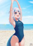  1girl absurdres arms_up bangs beach blue_eyes blue_hair blue_sky blue_swimsuit blunt_bangs breasts cloud competition_swimsuit day english_commentary fish_tail gawr_gura grey_hair highres hololive hololive_english horizon kyoru looking_at_viewer medium_hair multicolored_hair ocean one-piece_swimsuit outdoors shark_girl shark_tail sharp_teeth sky small_breasts solo standing streaked_hair swimsuit tail teeth two_side_up virtual_youtuber white_hair 